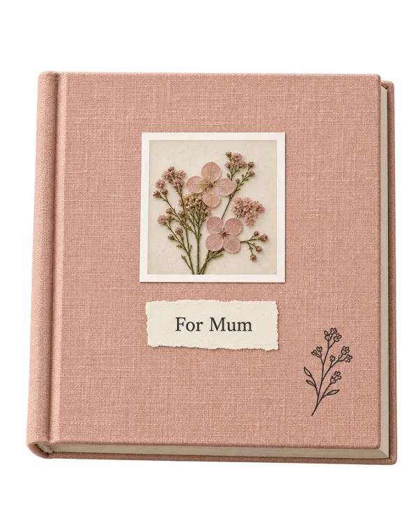 Dusty pink linen scrapbook, For Mum, with a small photograph of flowers.