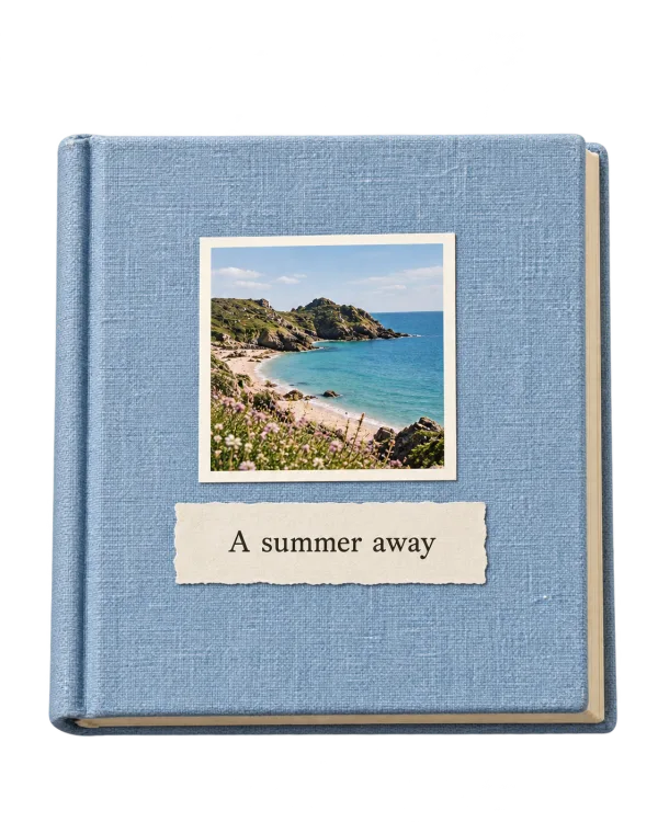 Powder blue linen scrapbook, A summer away, with a photo of the Cornish coast.
