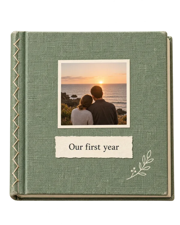 Sage linen scrapbook, Our first year, with a couple watching the sunset.