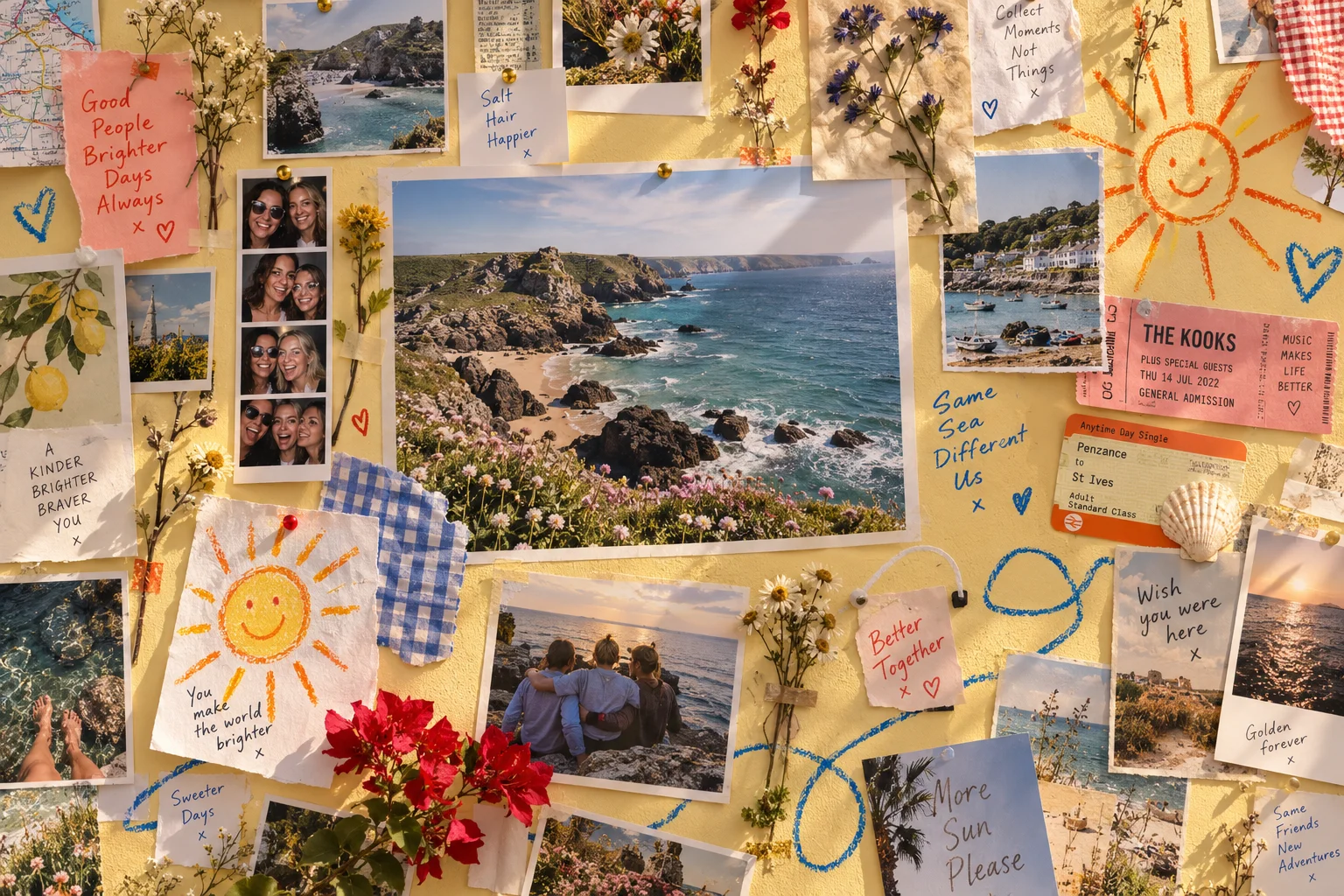 A studio wall full of pinned photographs, postcards, tickets, flowers and handwritten notes.