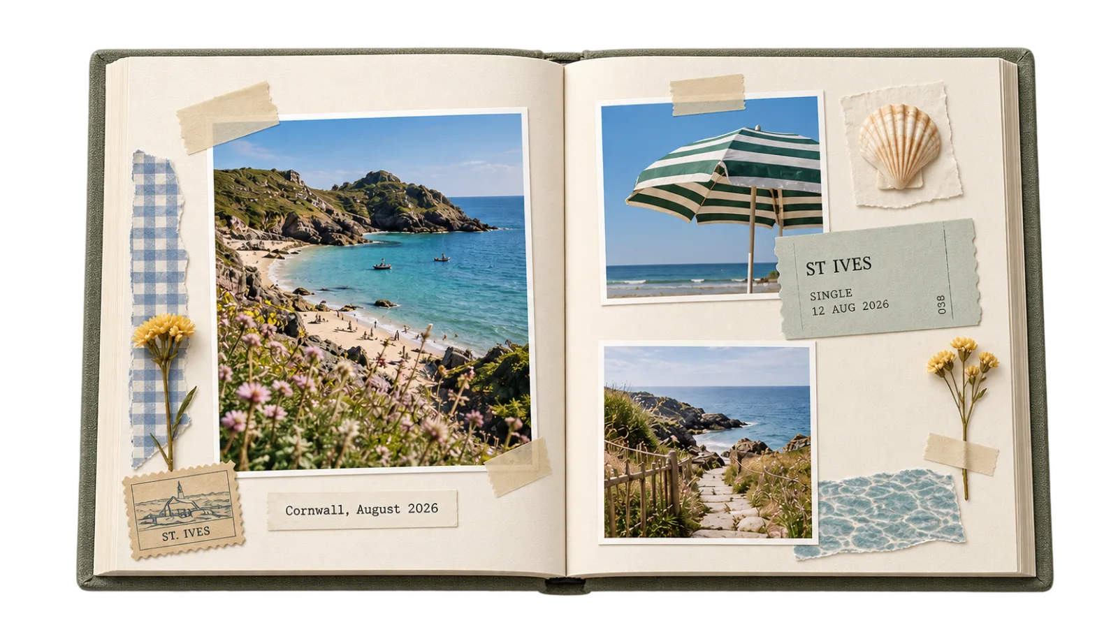 An open Cornwall scrapbook with beach photos, a St Ives train ticket, pressed flowers and a seashell.