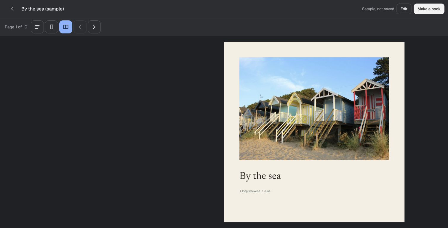 The By the sea sample in the browser reader, showing a page with beach huts.