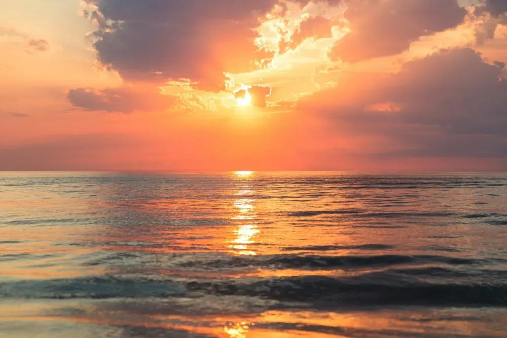 A sunset photograph surrounded by a decorative paper and illustration preview.