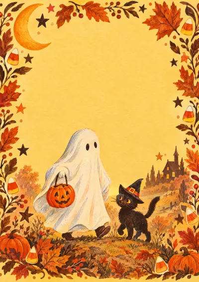 Little Boo illustrated cover: a friendly ghost and a black cat