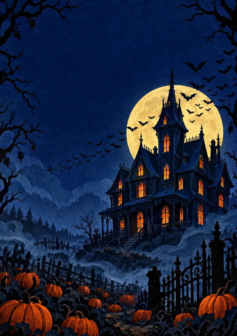 Midnight House illustrated cover: a moonlit haunted house and bats
