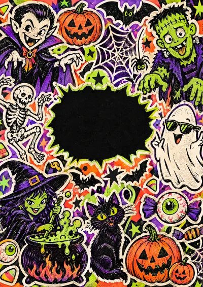 Monster Club illustrated cover: colourful Halloween monsters and skeletons